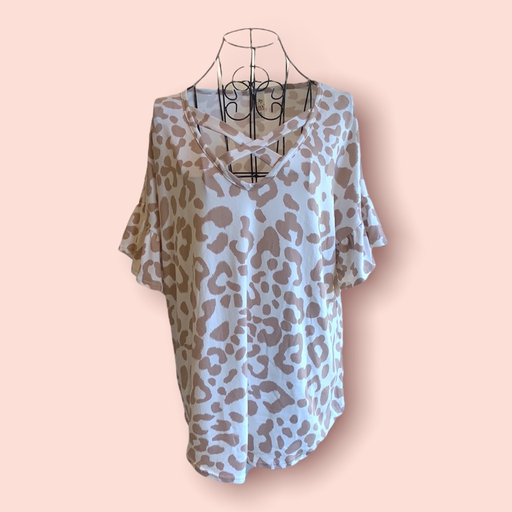 Short bell sleeve strappy detail T shirt tunic … size L New No Tags